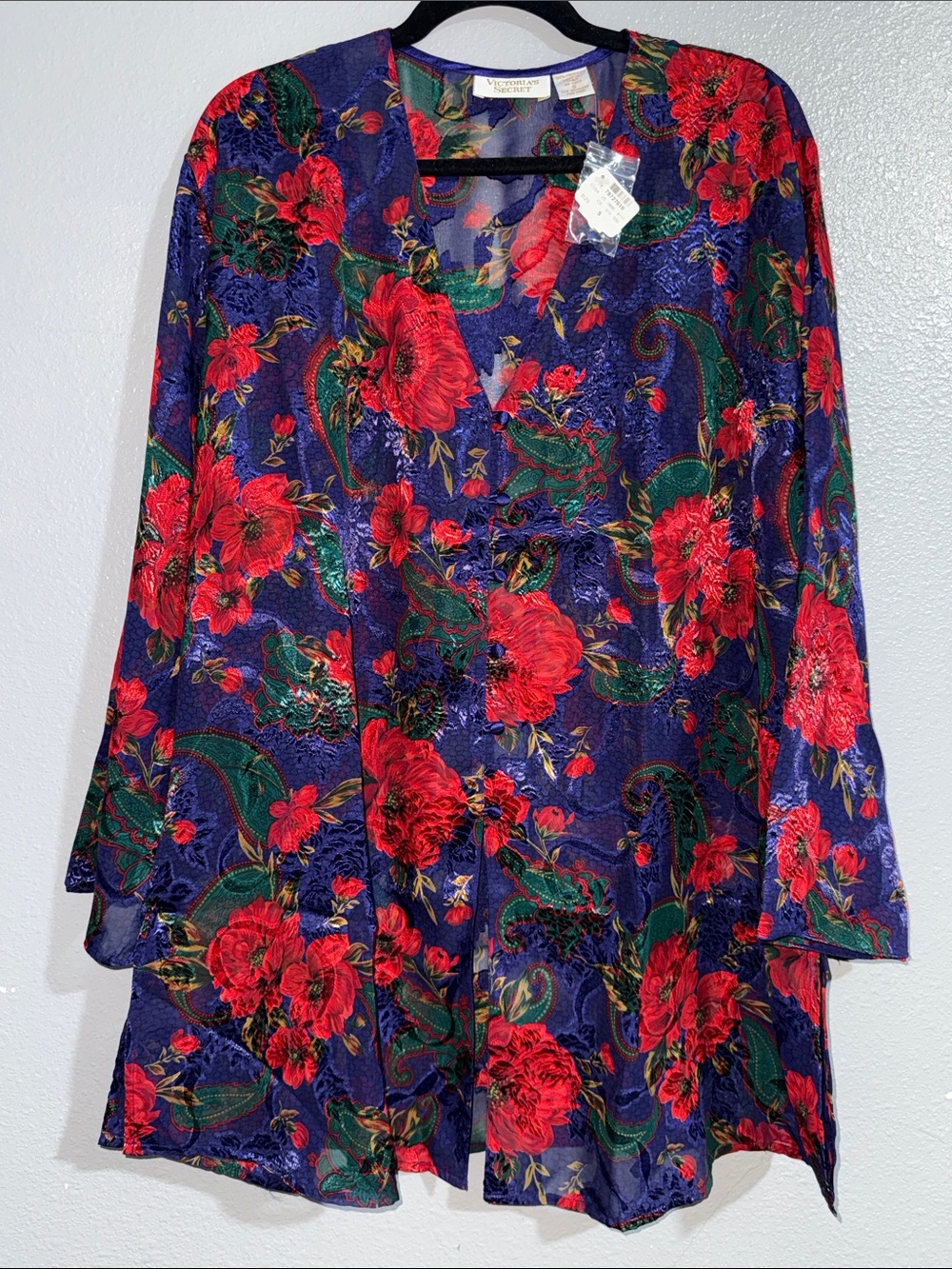 Vintage gold label Victoria's Secret Red Floral Sheer Kimono on Deep Blue